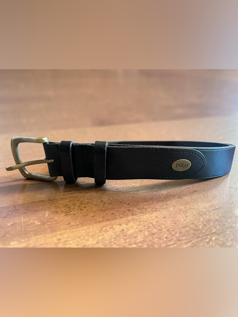 Vintage Polo Ralph Lauren Leather Belt Mens Size 42 Antique Brass Hardware Black